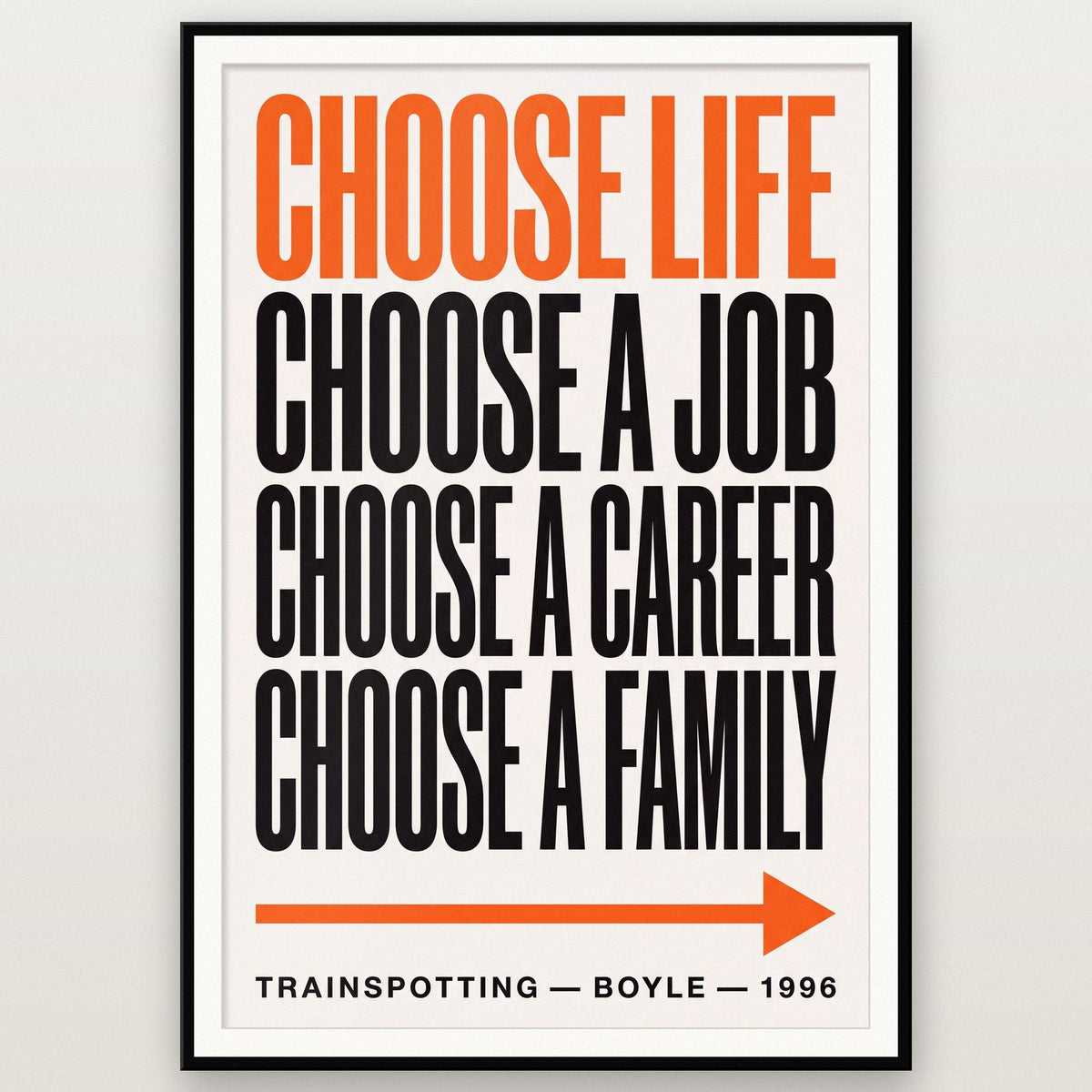 Trainspotting Print shown in a black frame
