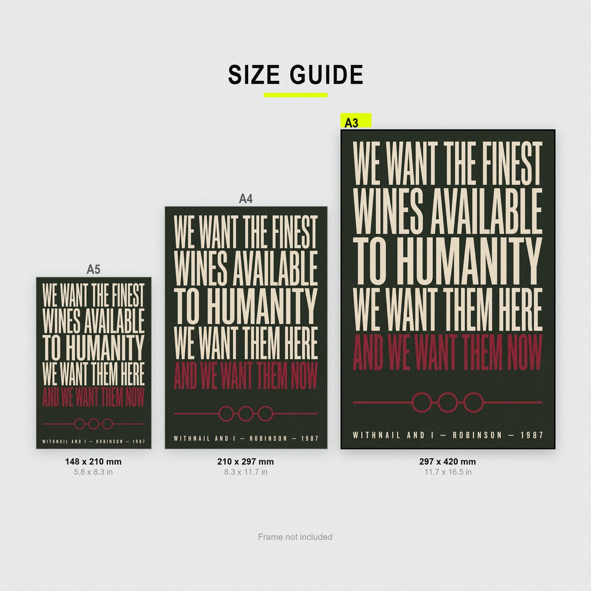 Withnail And I Print size guide showing A3, A4 and A5