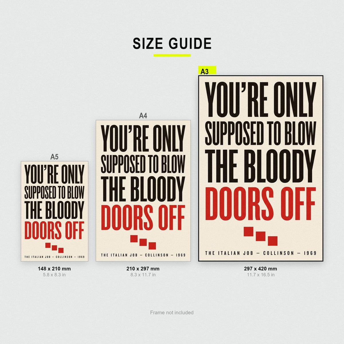 The Italian Job Print size guide showing A3, A4 and A5