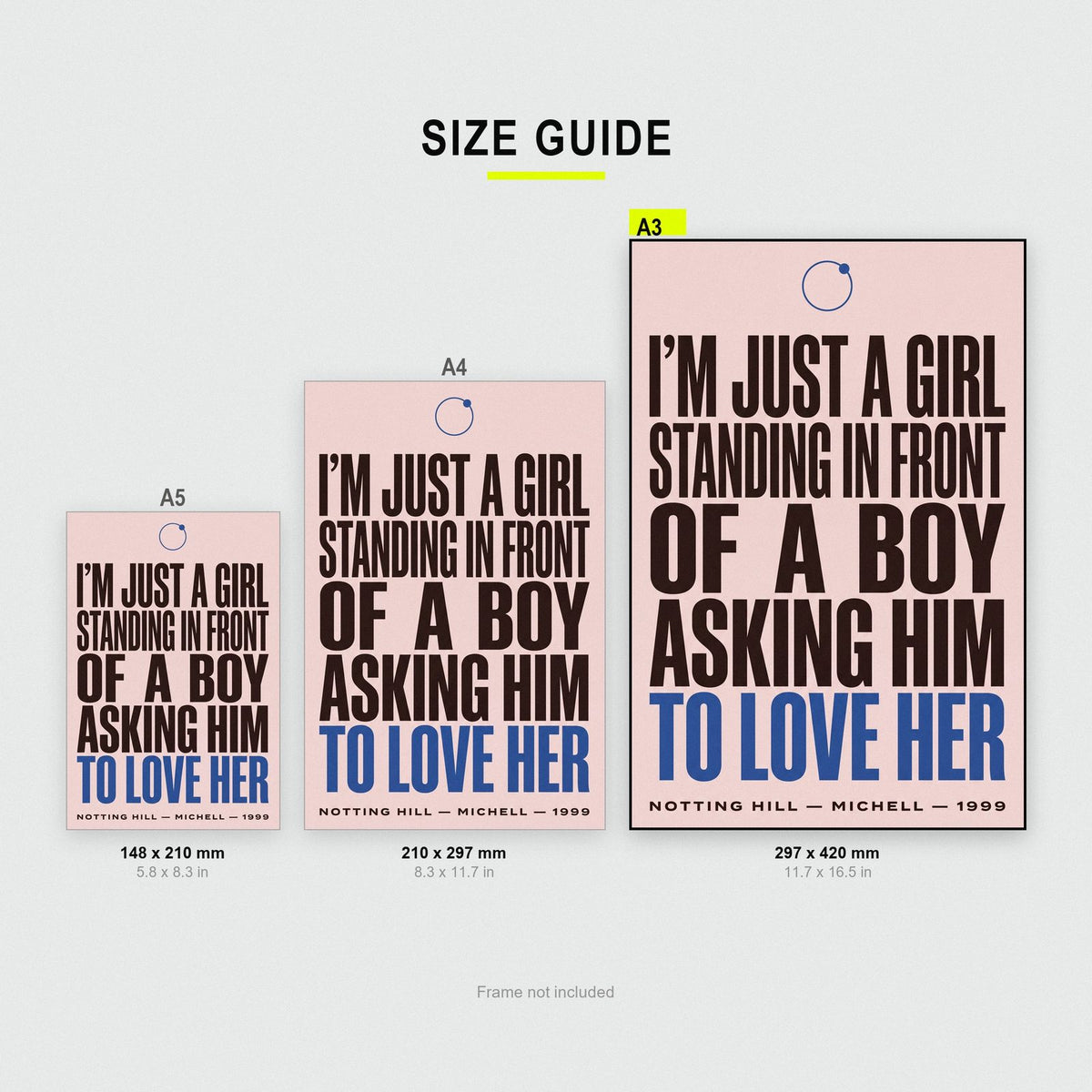 Notting Hill Print size guide showing A3, A4 and A5