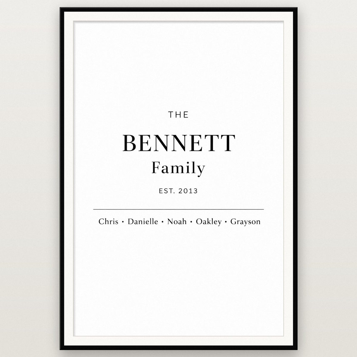 Custom Family Name Print shown in a black frame