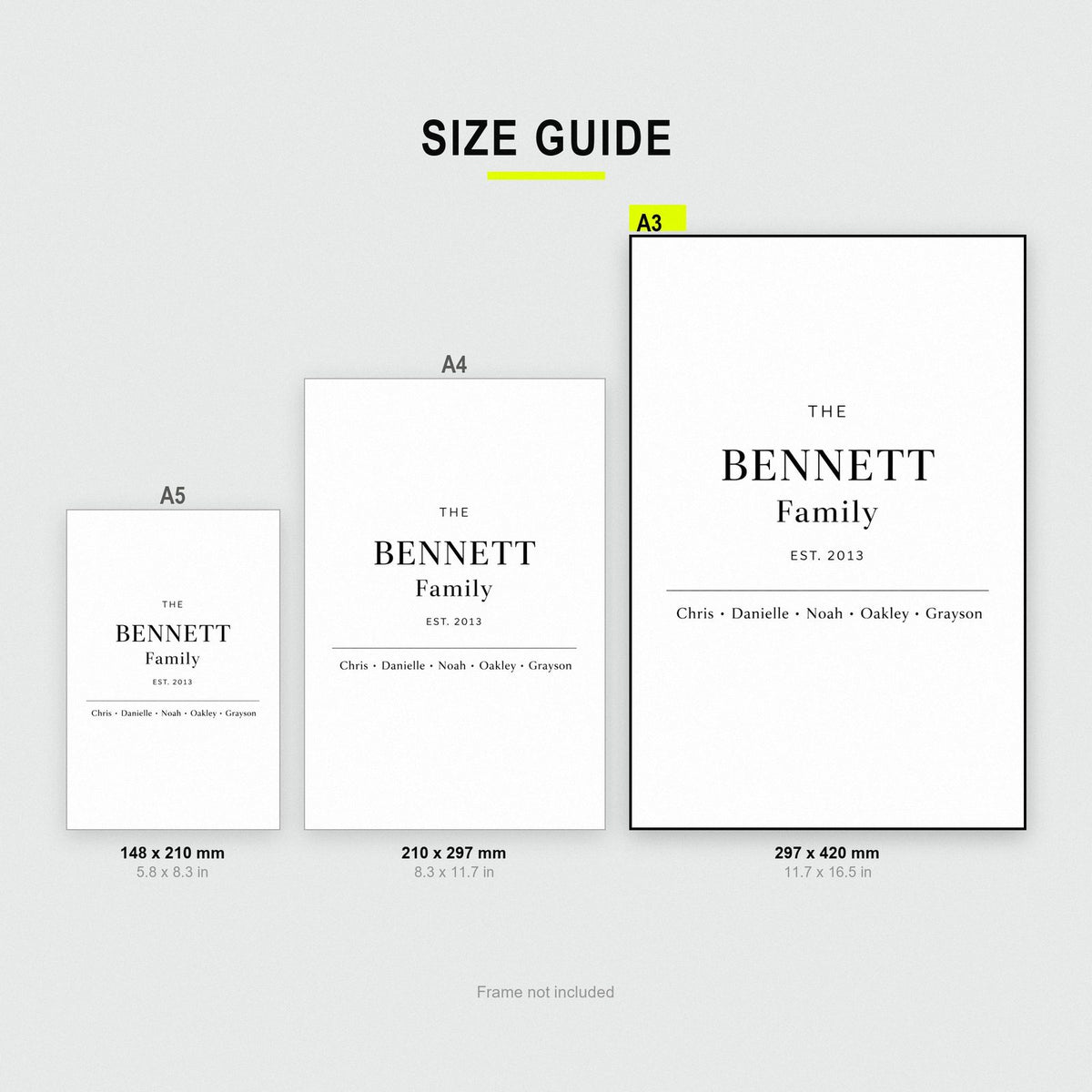 Custom Family Name Print size guide showing A3, A4 and A5