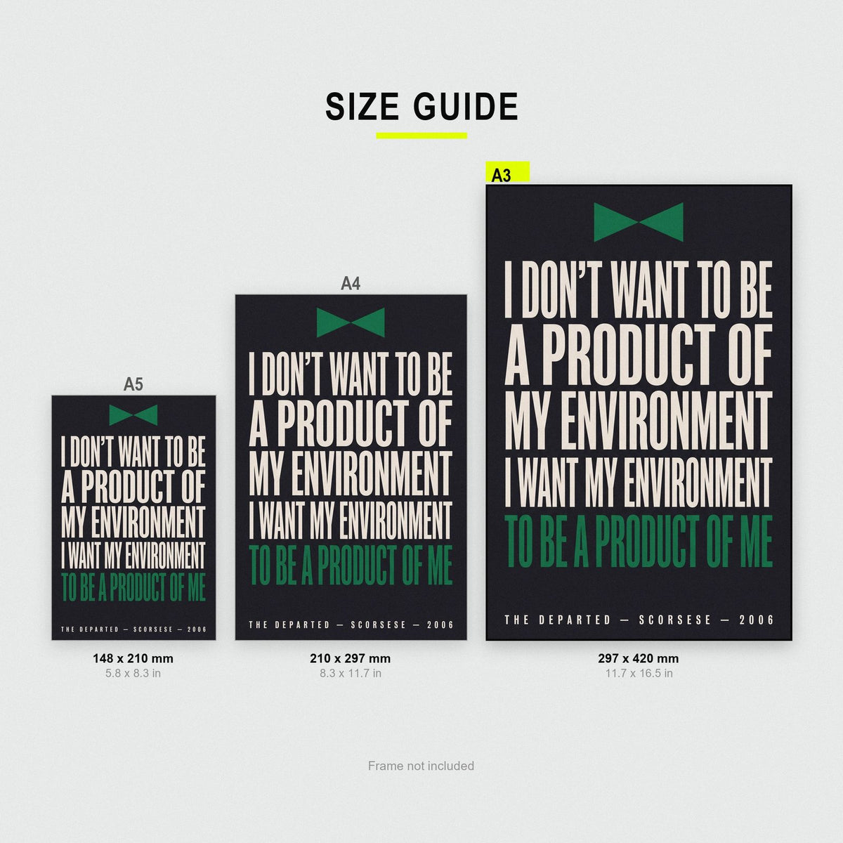 The Departed Print size guide showing A3, A4 and A5