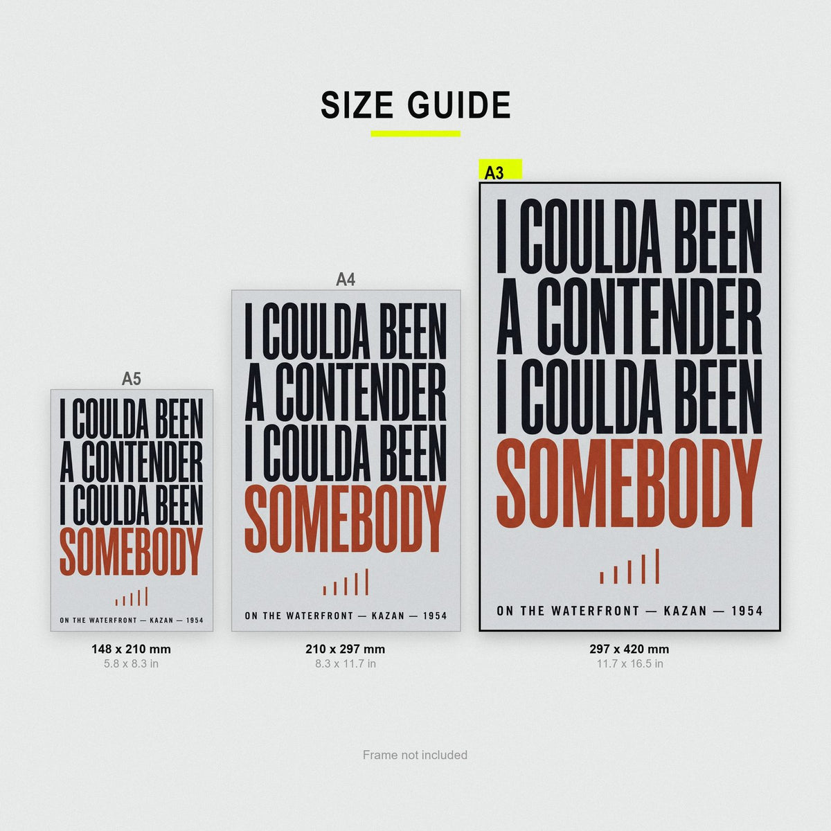 On The Waterfront Print size guide showing A3, A4 and A5