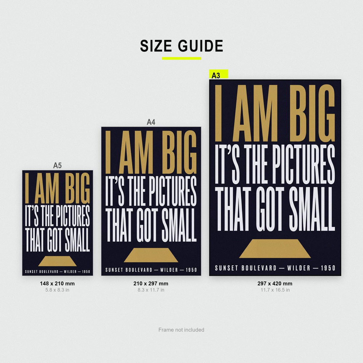 Sunset Boulevard Print size guide showing A3, A4 and A5