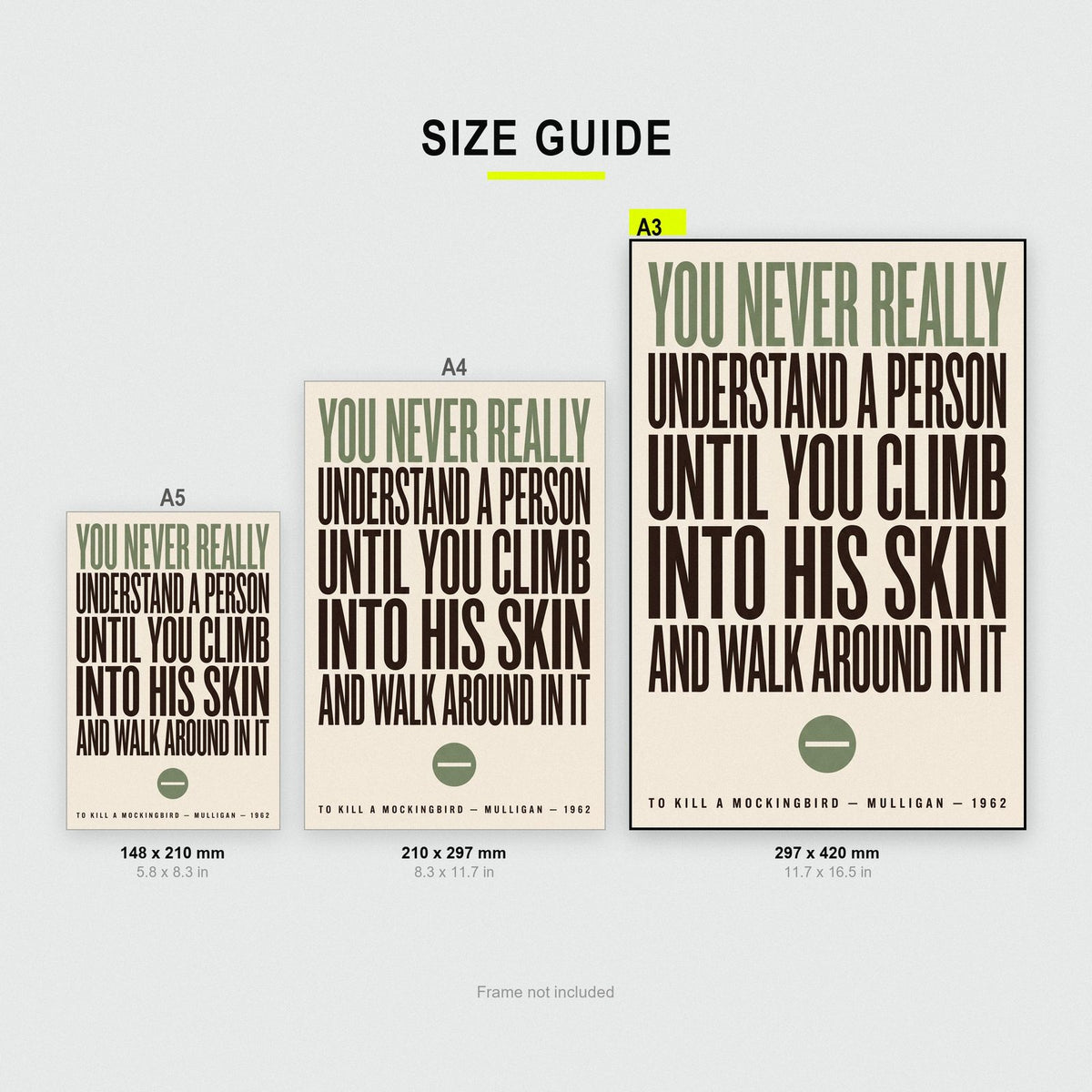 To Kill A Mockingbird Print size guide showing A3, A4 and A5