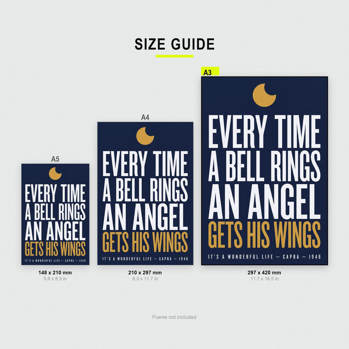 Its A Wonderful Life Print size guide showing A3, A4 and A5