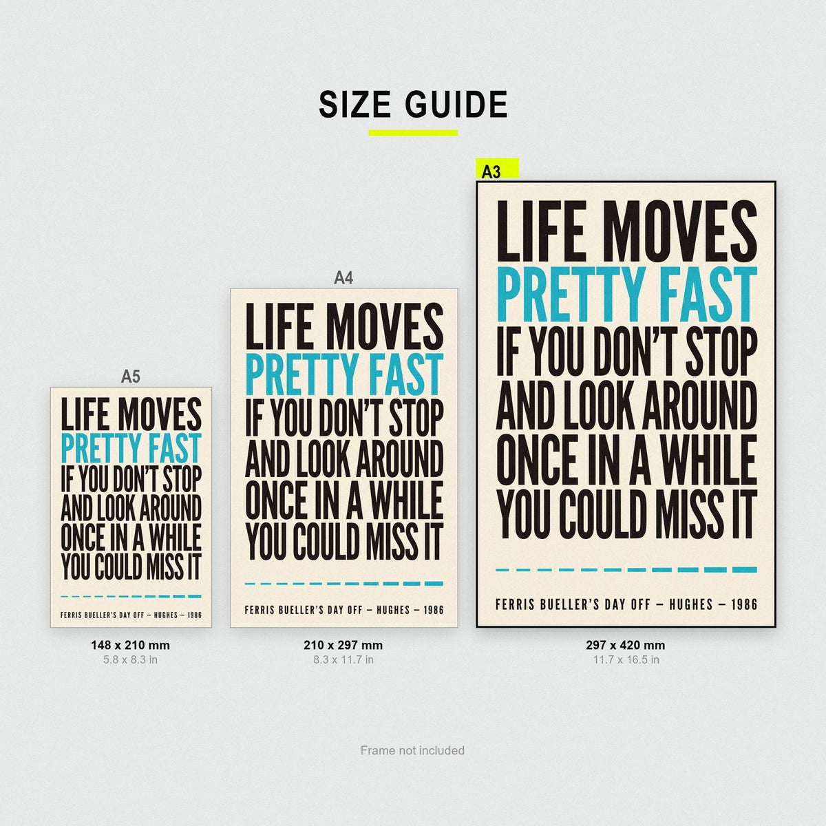 Ferris Buellers Day Off Print size guide showing A3, A4 and A5