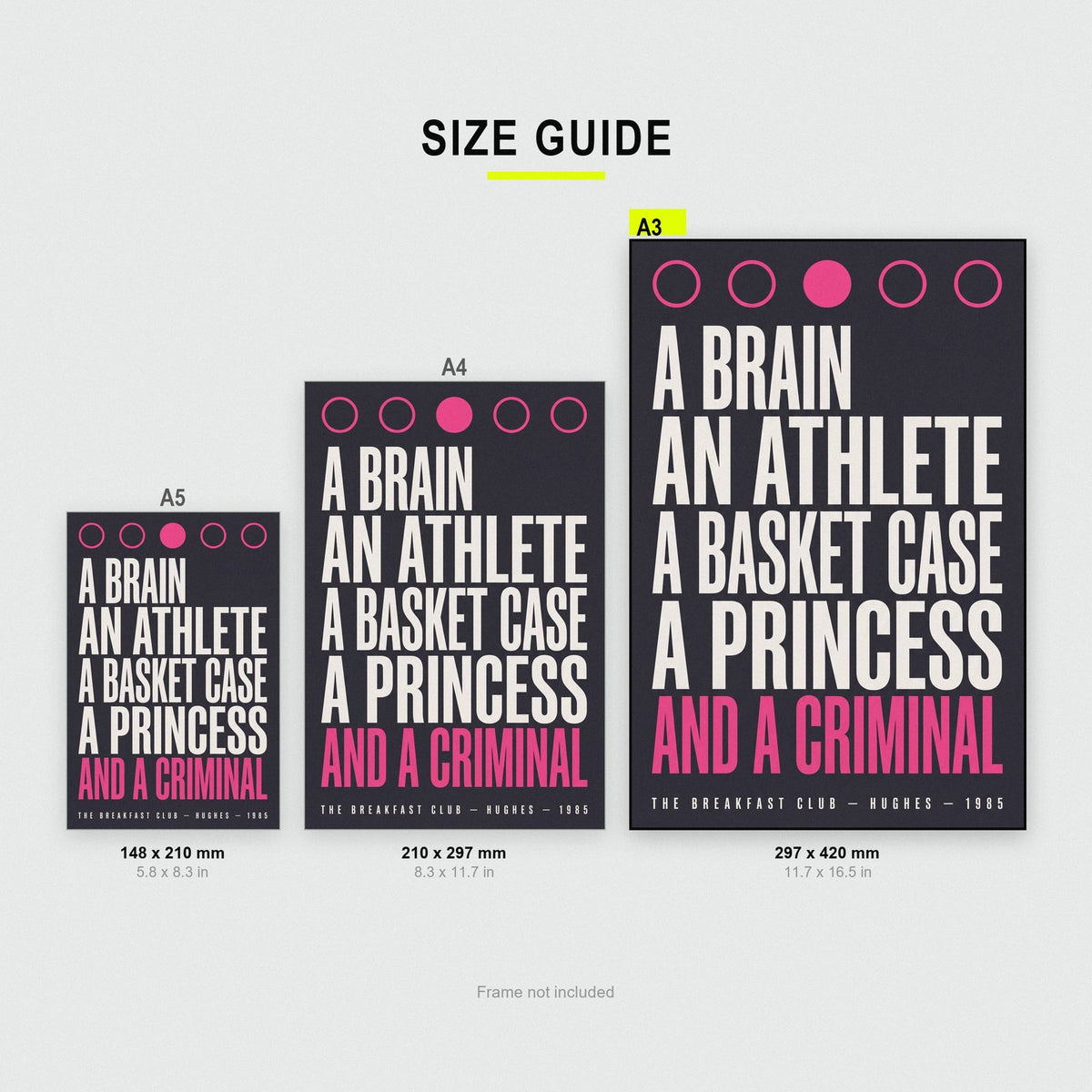 The Breakfast Club Print size guide showing A3, A4 and A5