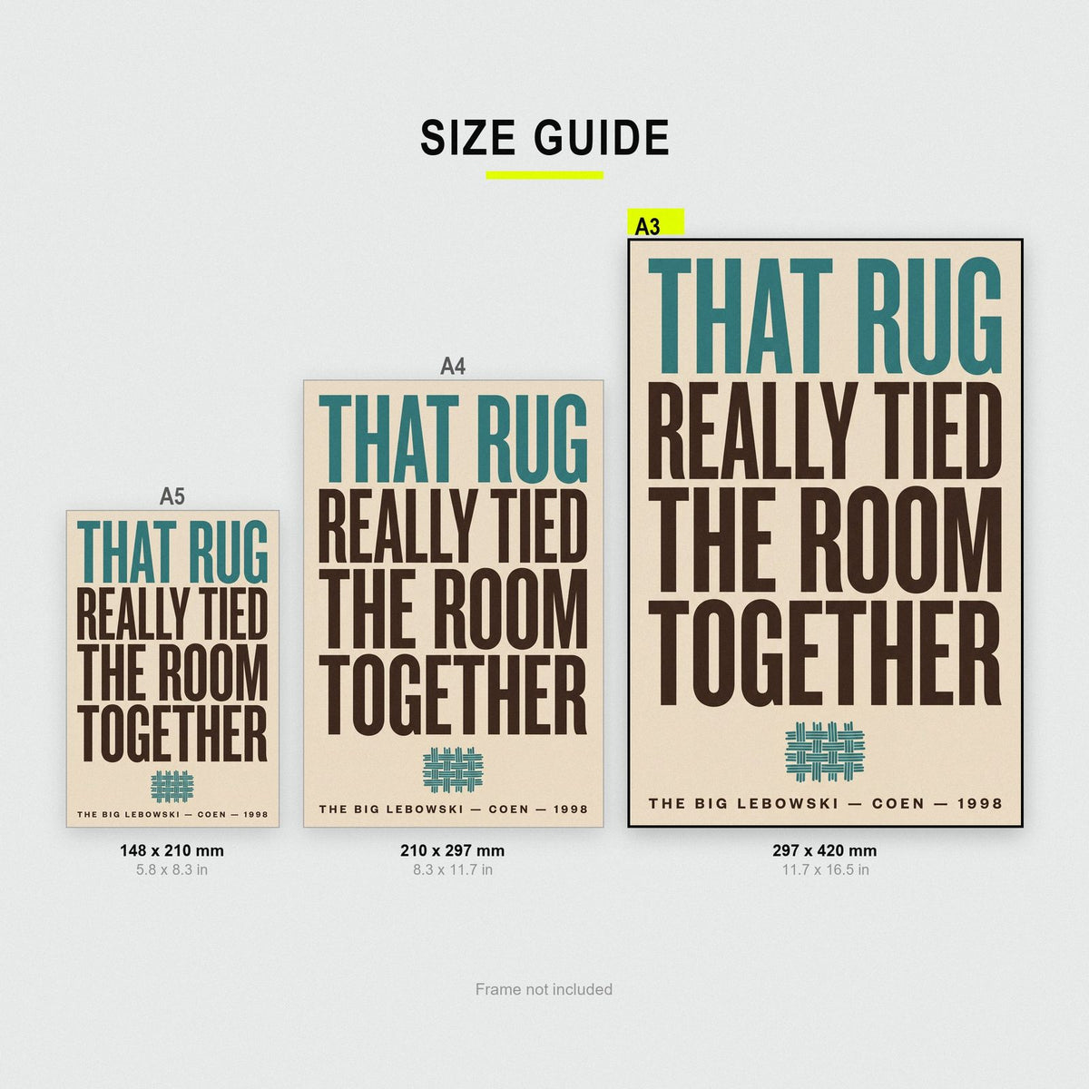 The Big Lebowski Print size guide showing A3, A4 and A5