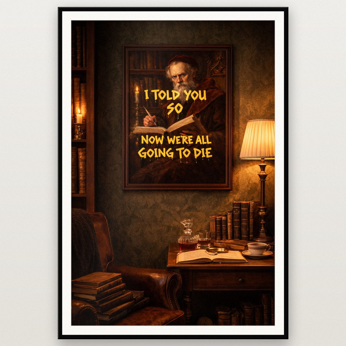 Dark Academia Print shown in a black frame