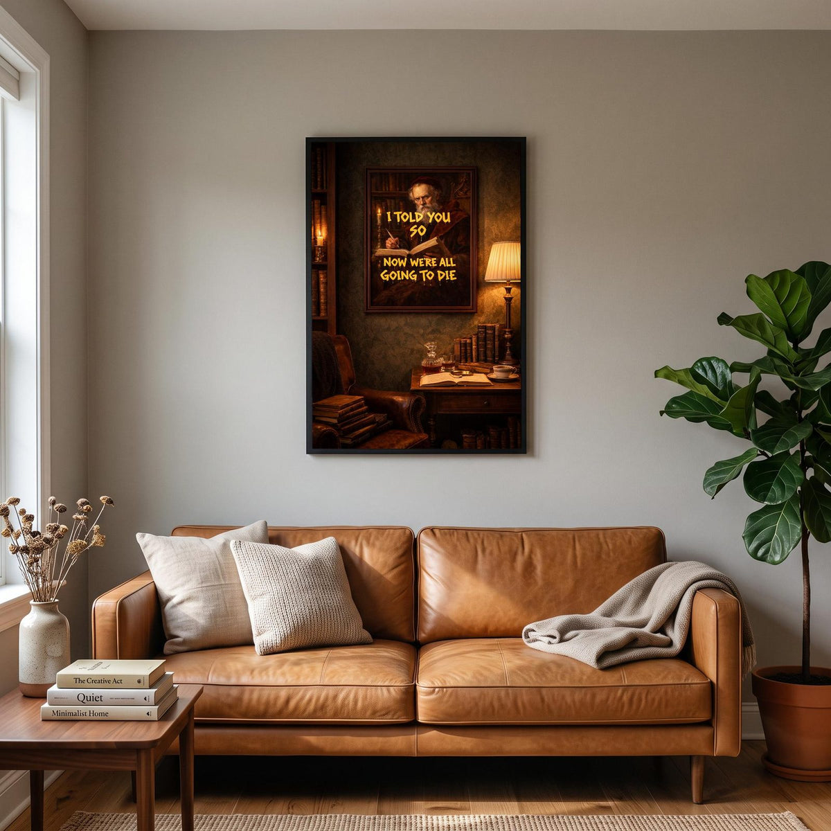 Dark Academia Print hanging on a living room wall