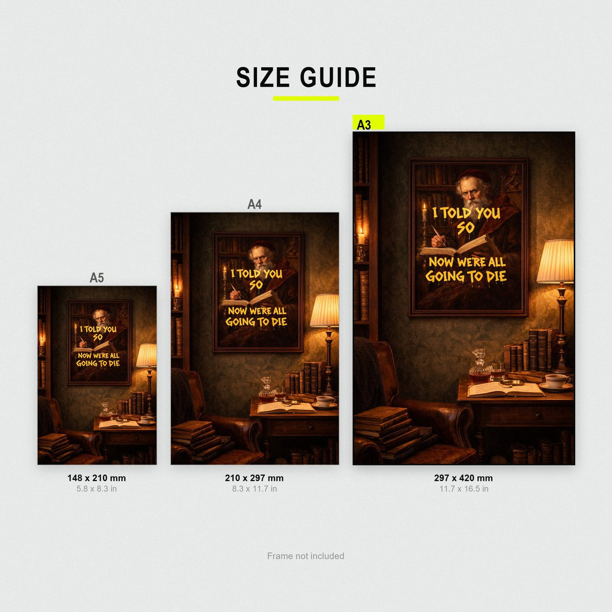 Dark Academia Print size guide showing A3, A4 and A5