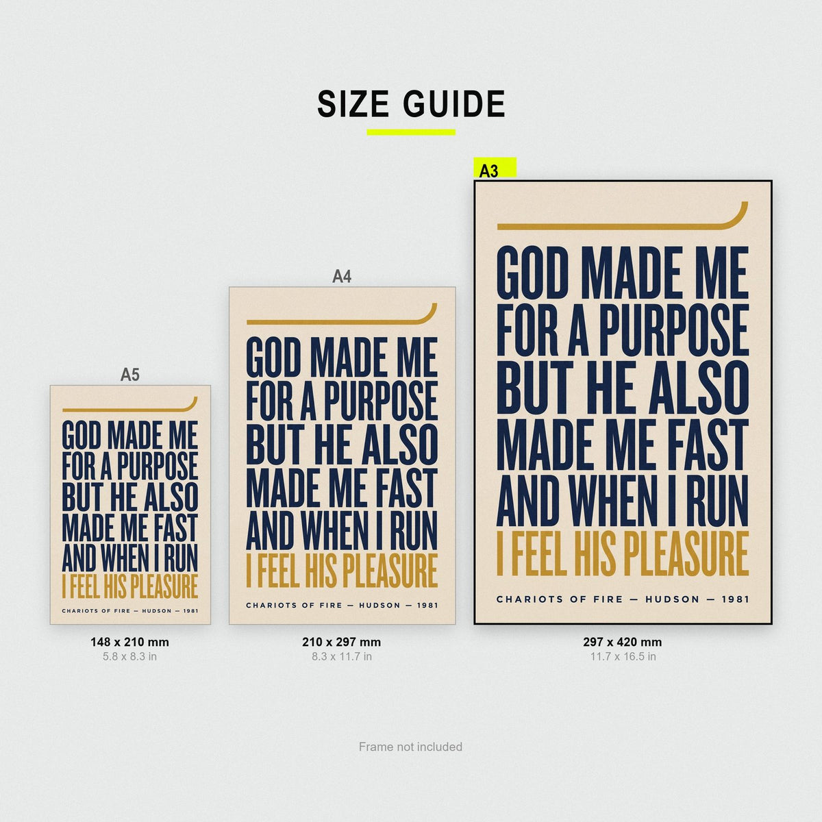 Chariots Of Fire Print size guide showing A3, A4 and A5