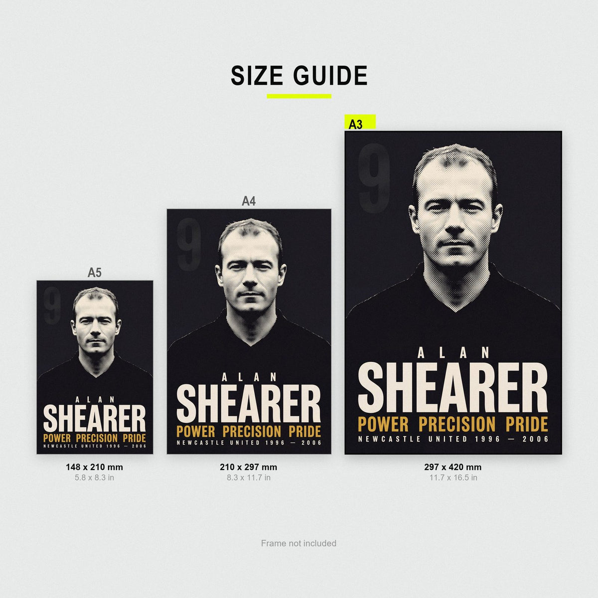Alan Shearer Print size guide showing A3, A4 and A5