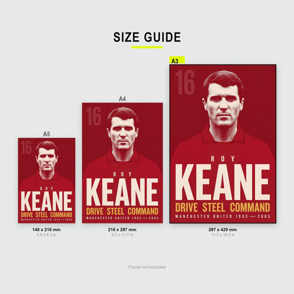 Roy Keane Print size guide showing A3, A4 and A5