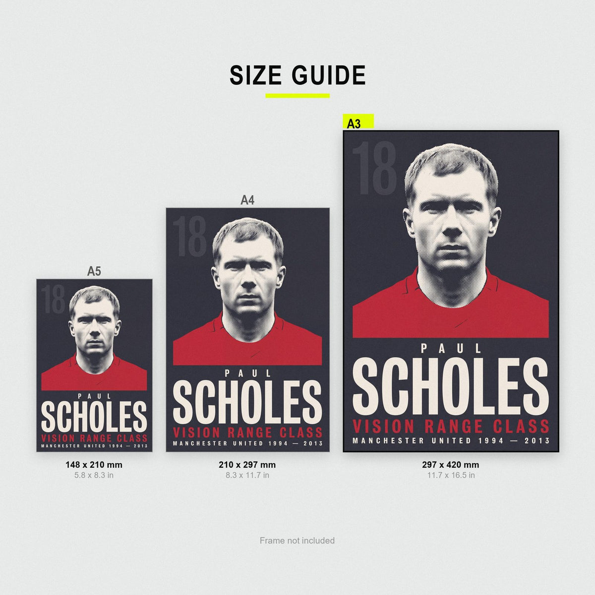 Paul Scholes Print size guide showing A3, A4 and A5