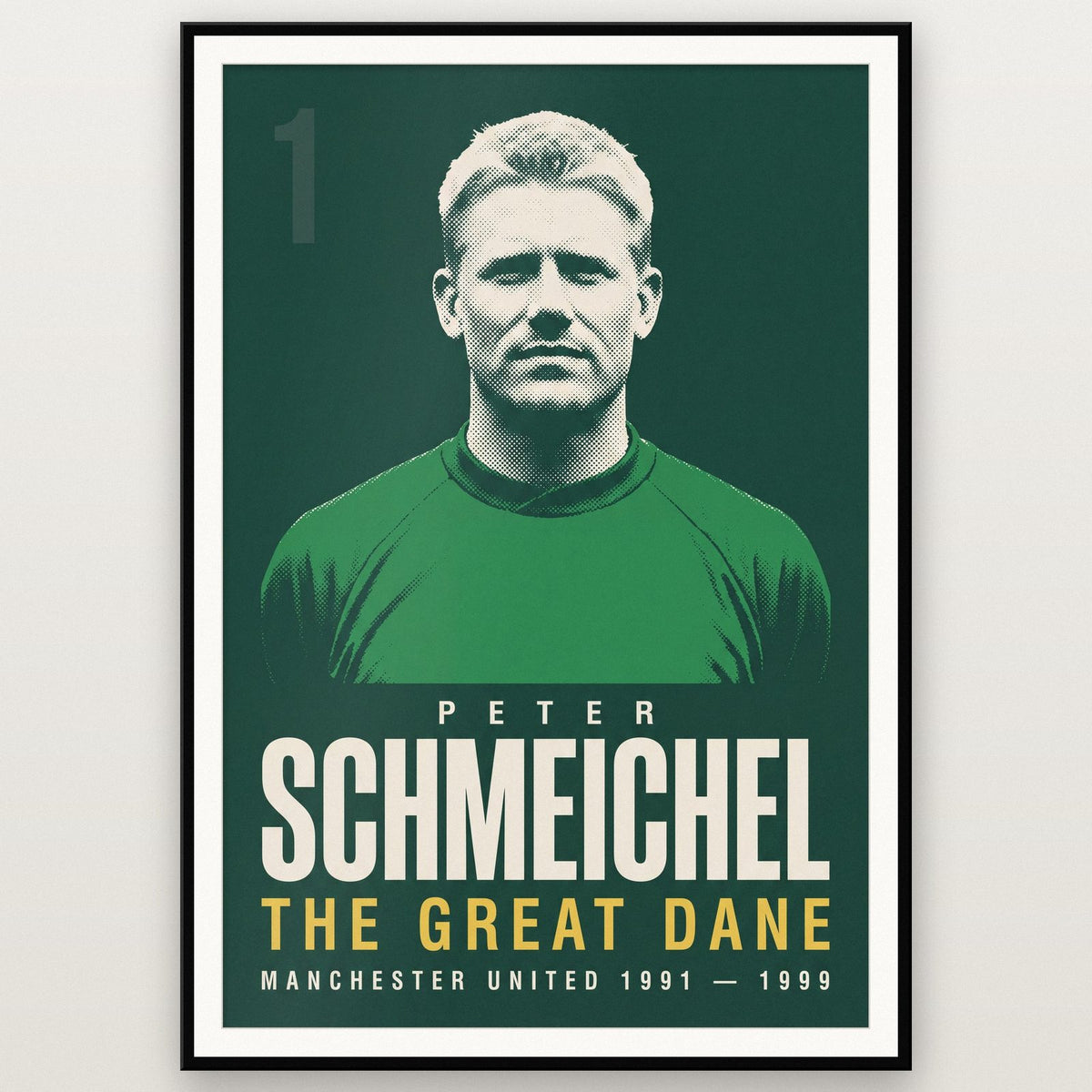 Peter Schmeichel Print shown in a black frame