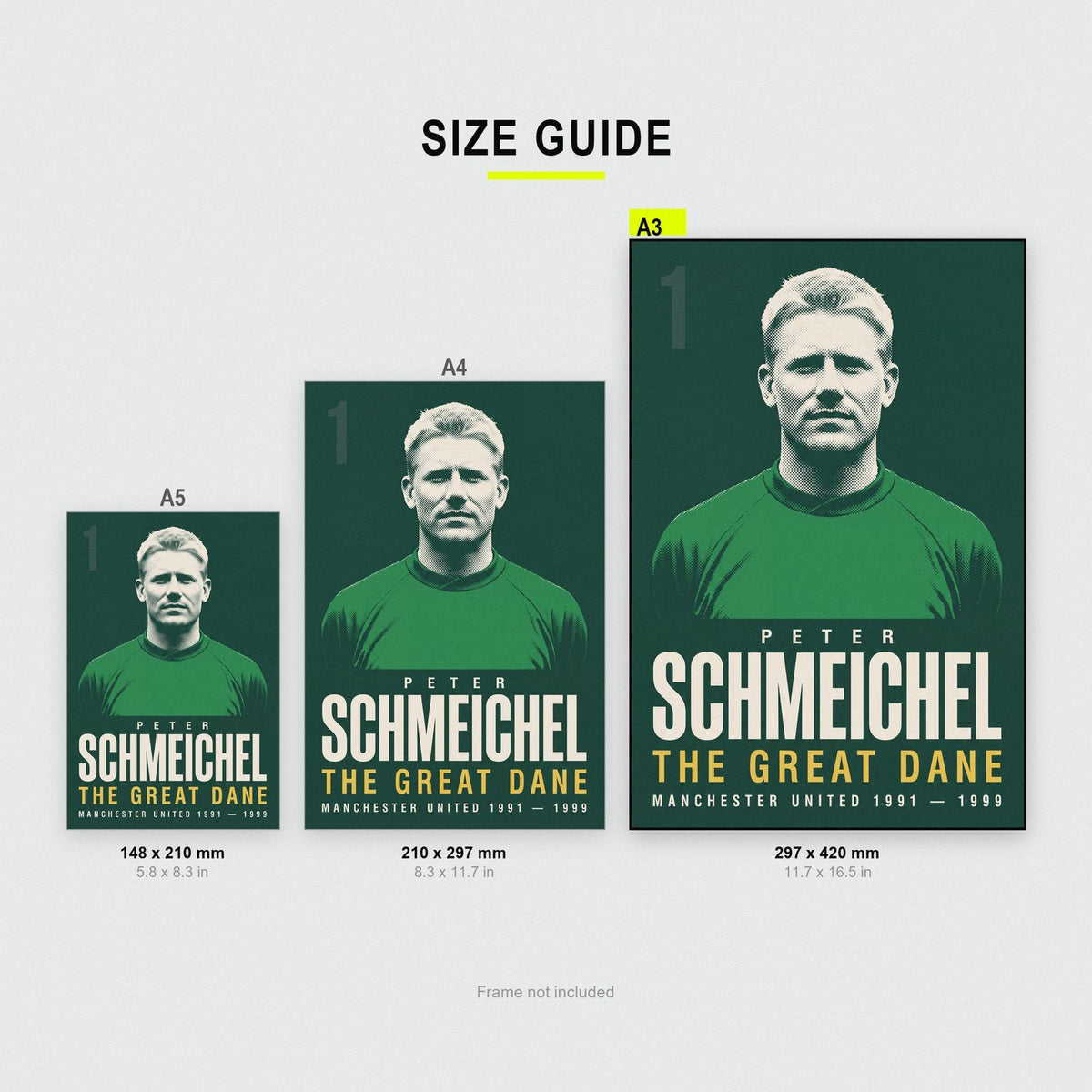 Peter Schmeichel Print size guide showing A3, A4 and A5