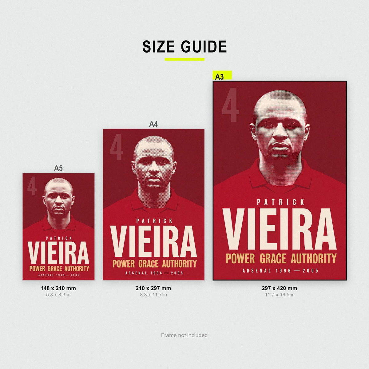 Patrick Vieira Print size guide showing A3, A4 and A5