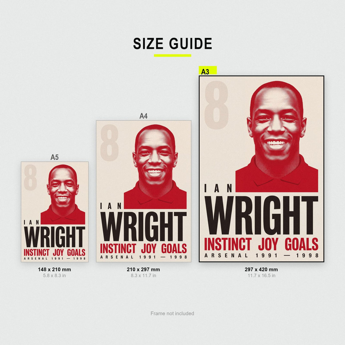 Ian Wright Print size guide showing A3, A4 and A5