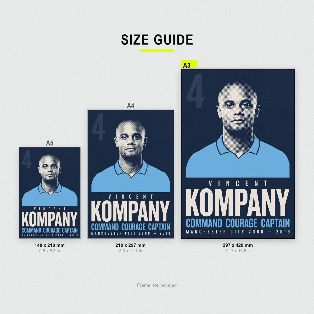 Vincent Kompany Print size guide showing A3, A4 and A5