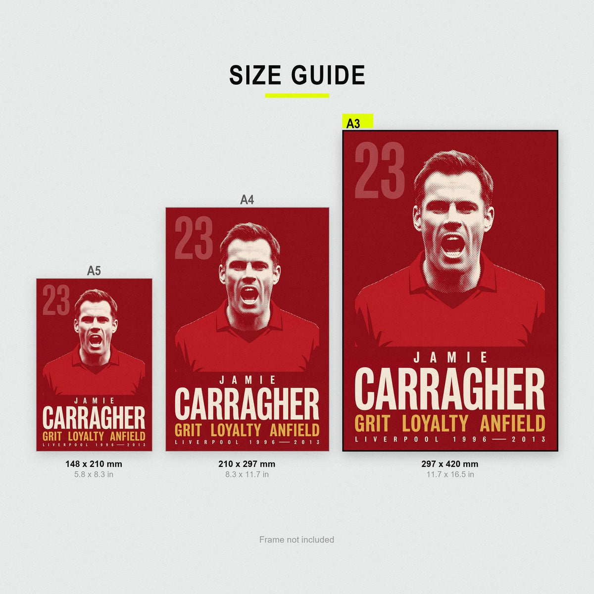 Jamie Carragher Print size guide showing A3, A4 and A5