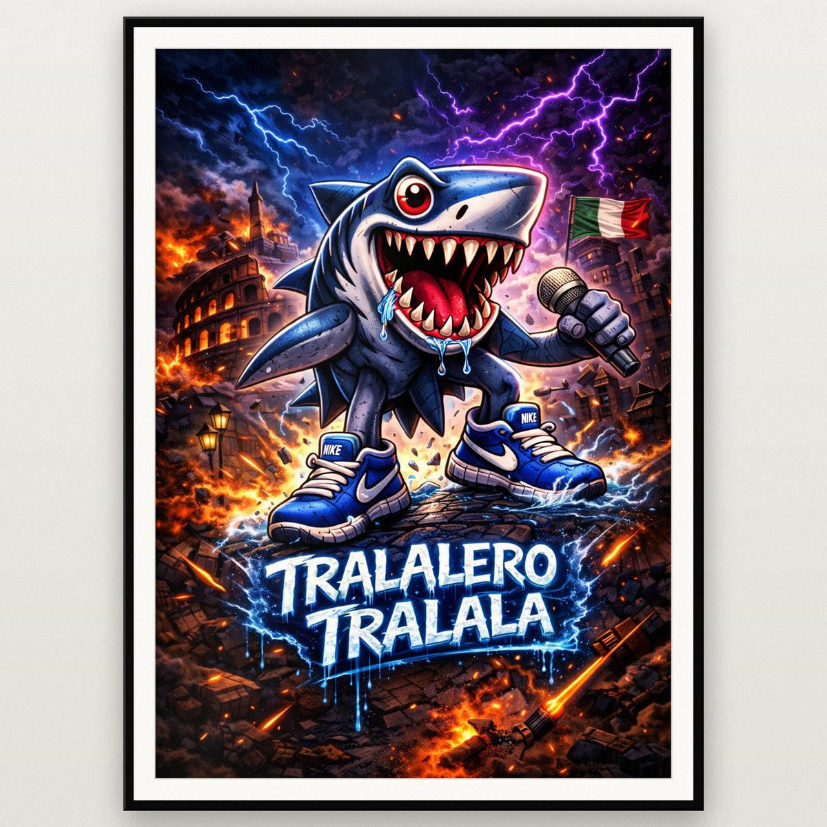 Tralalero Tralala Shark Meme Poster shown in a black frame