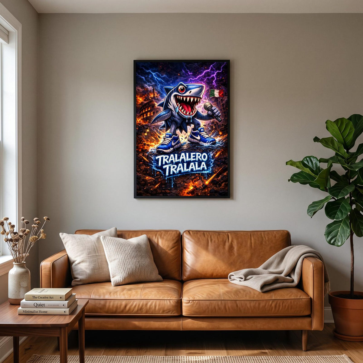 Tralalero Tralala Shark Meme Poster hanging on a living room wall
