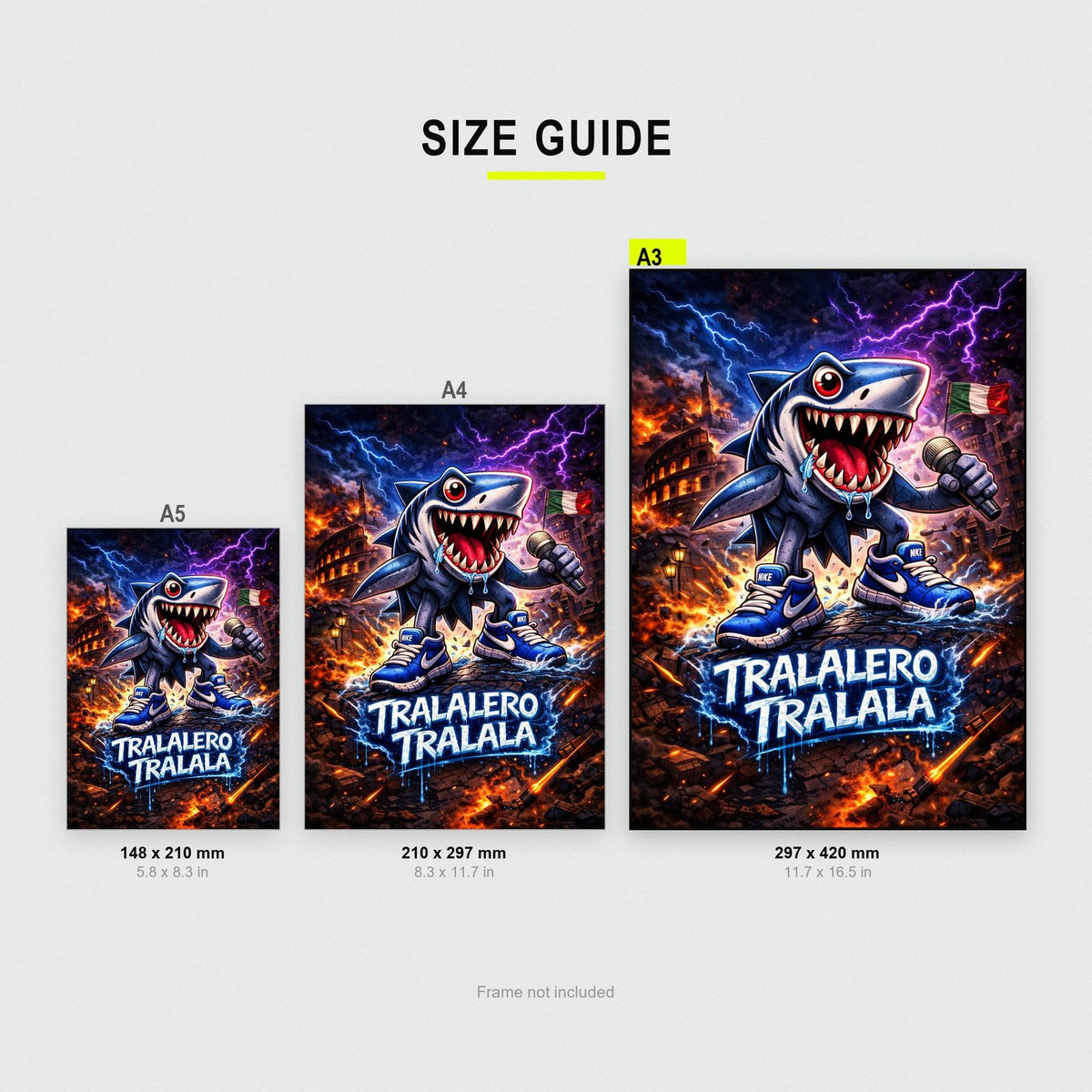Tralalero Tralala Shark Meme Poster size guide showing A3, A4 and A5