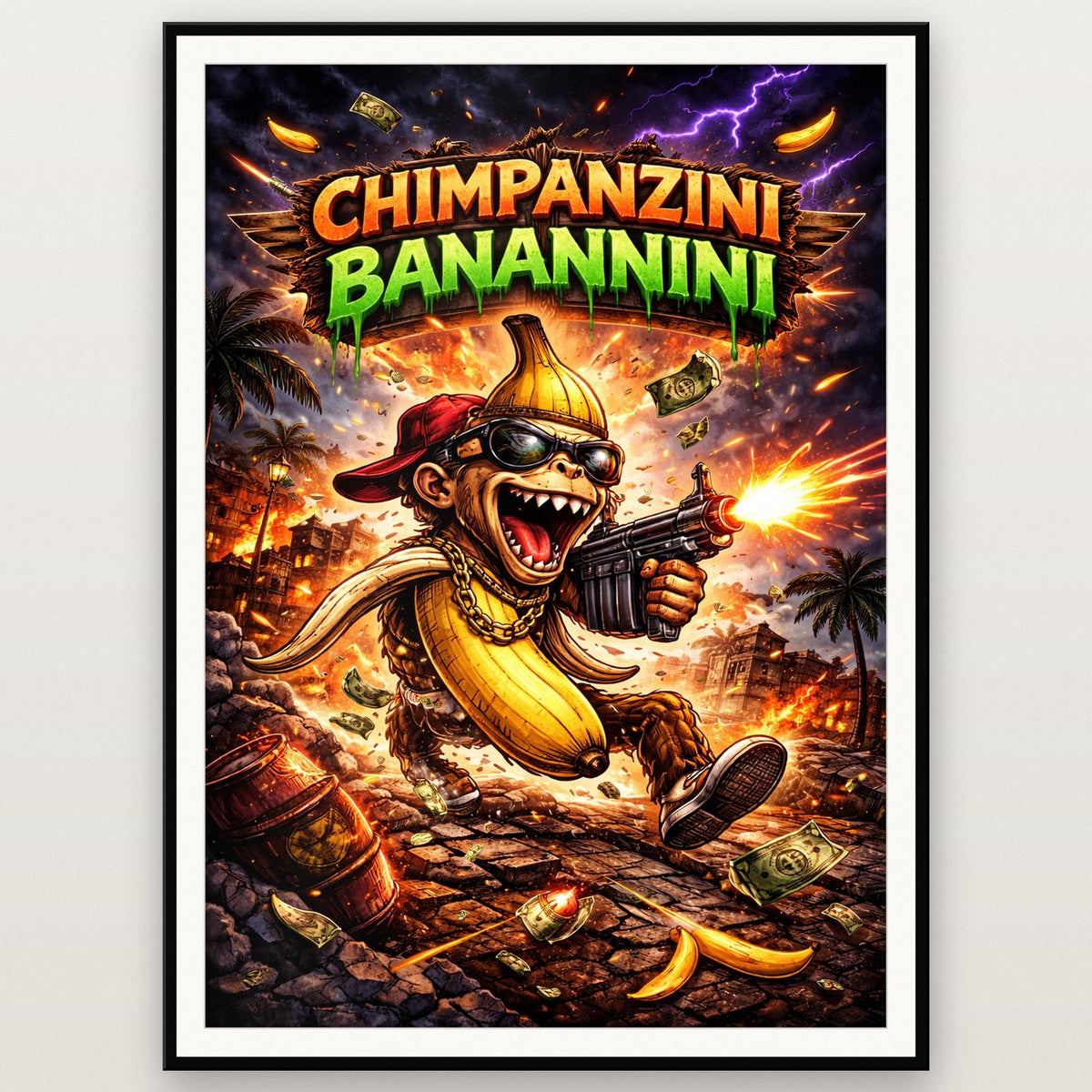 Chimpanzini Banannini Poster shown in a black frame