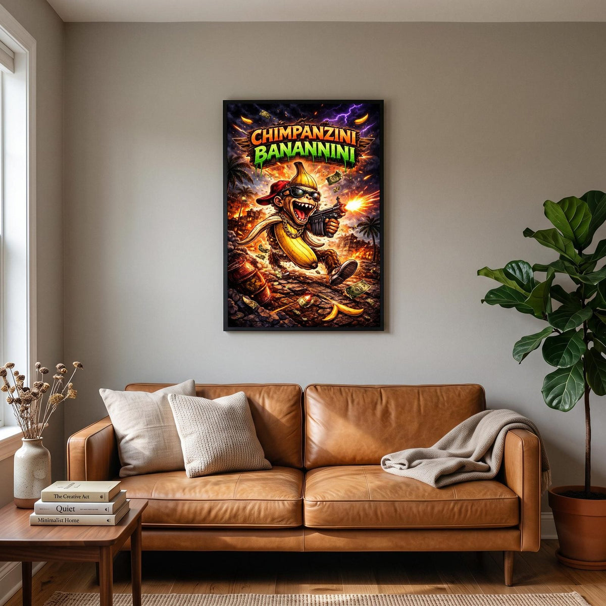 Chimpanzini Banannini Poster hanging on a living room wall