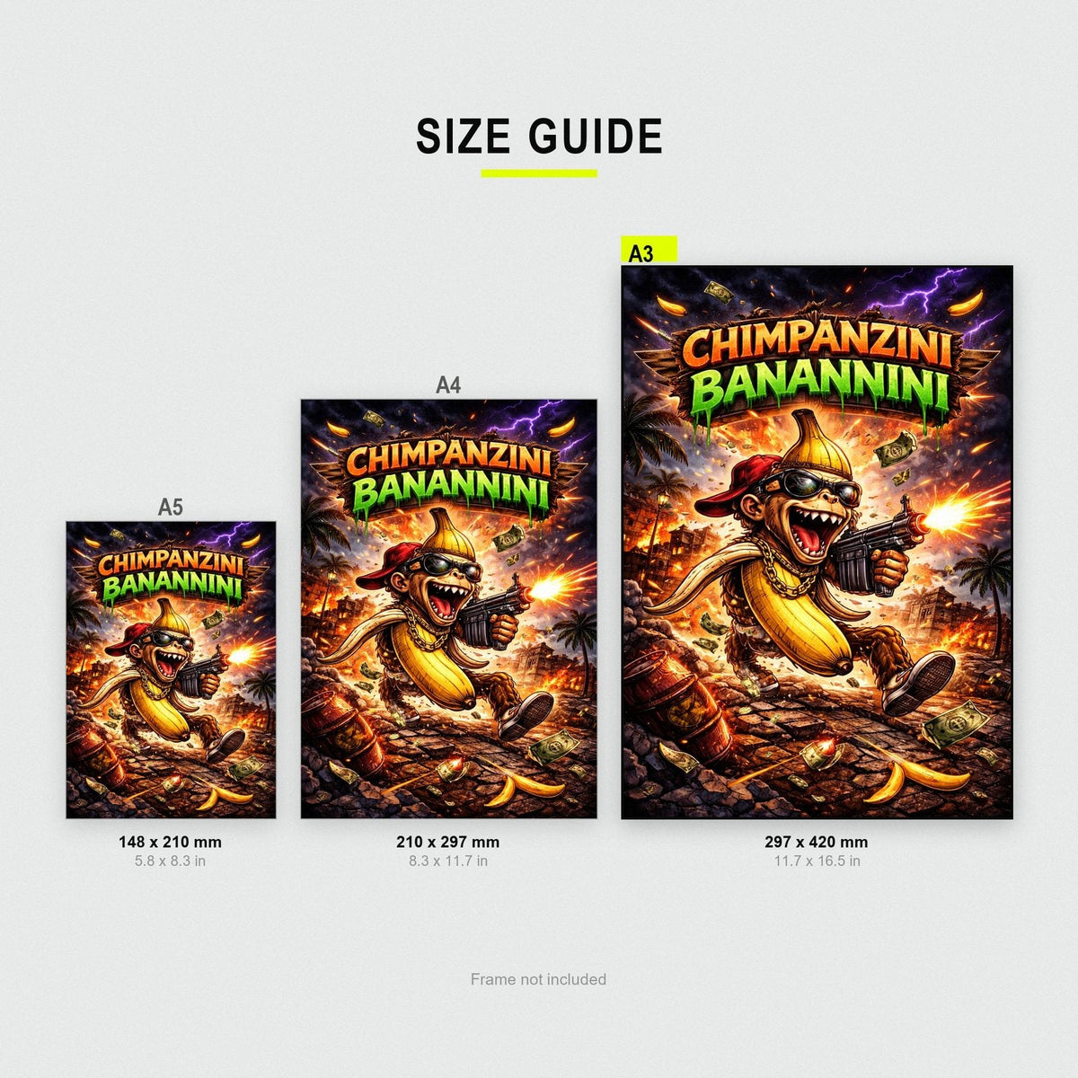 Chimpanzini Banannini Poster size guide showing A3, A4 and A5