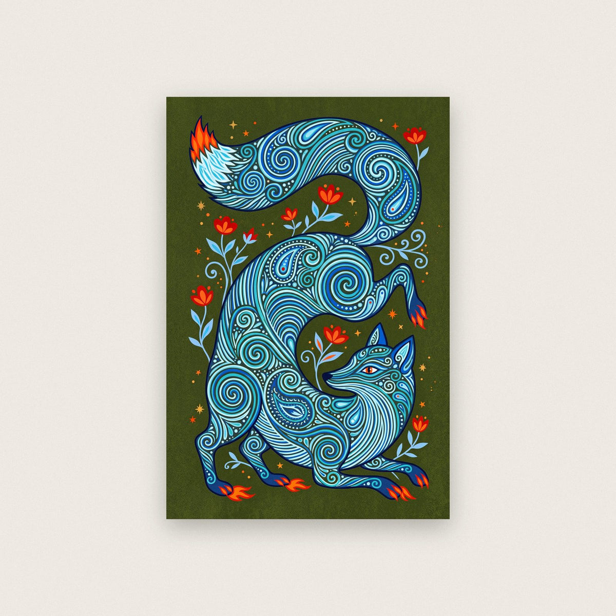 Blue Fox Folk Art Print