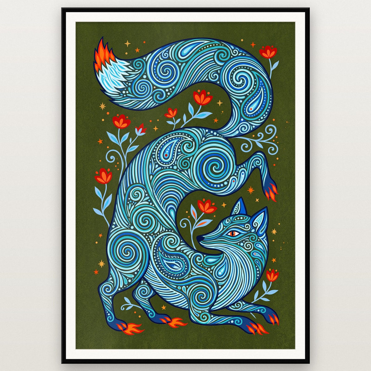 Blue Fox Folk Art Print