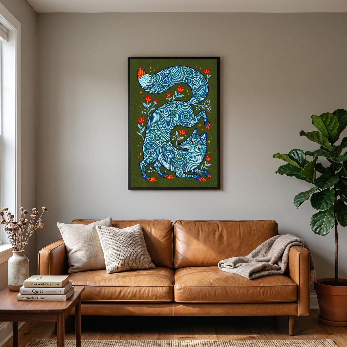 Blue Fox Folk Art Print