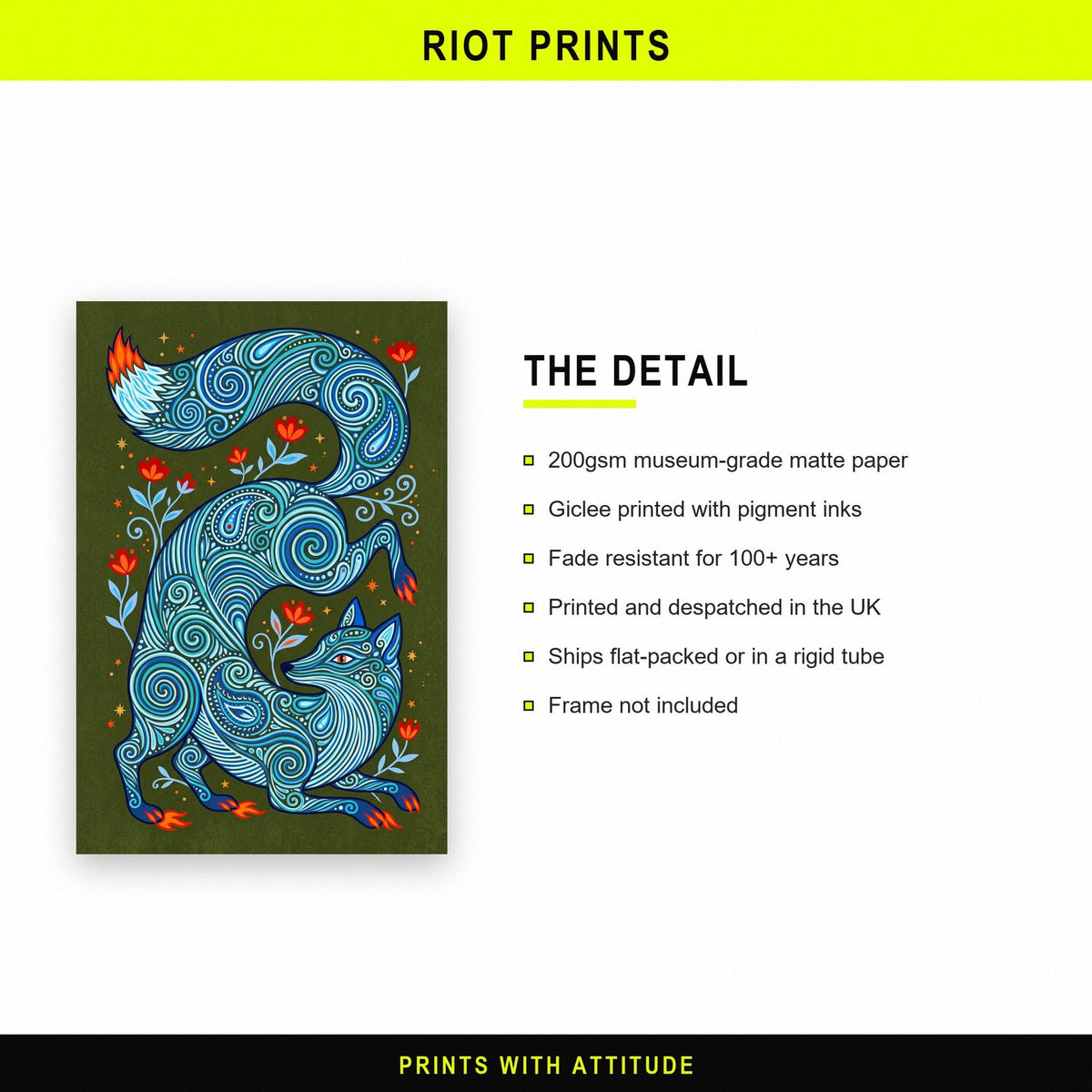 Blue Fox Folk Art Print