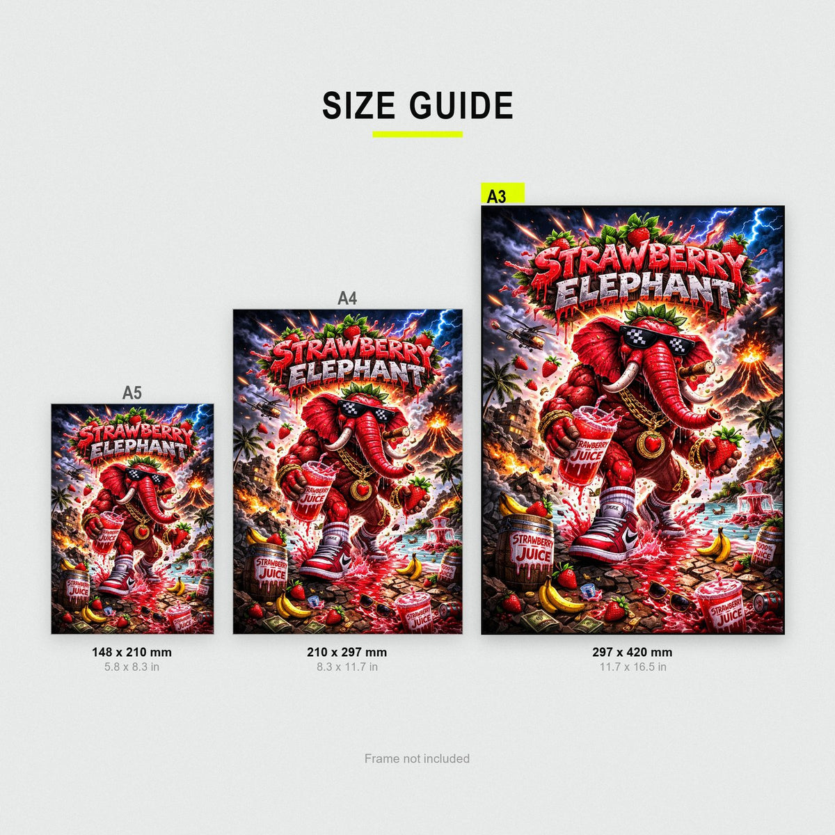 Strawberry Elephant Poster size guide showing A3, A4 and A5