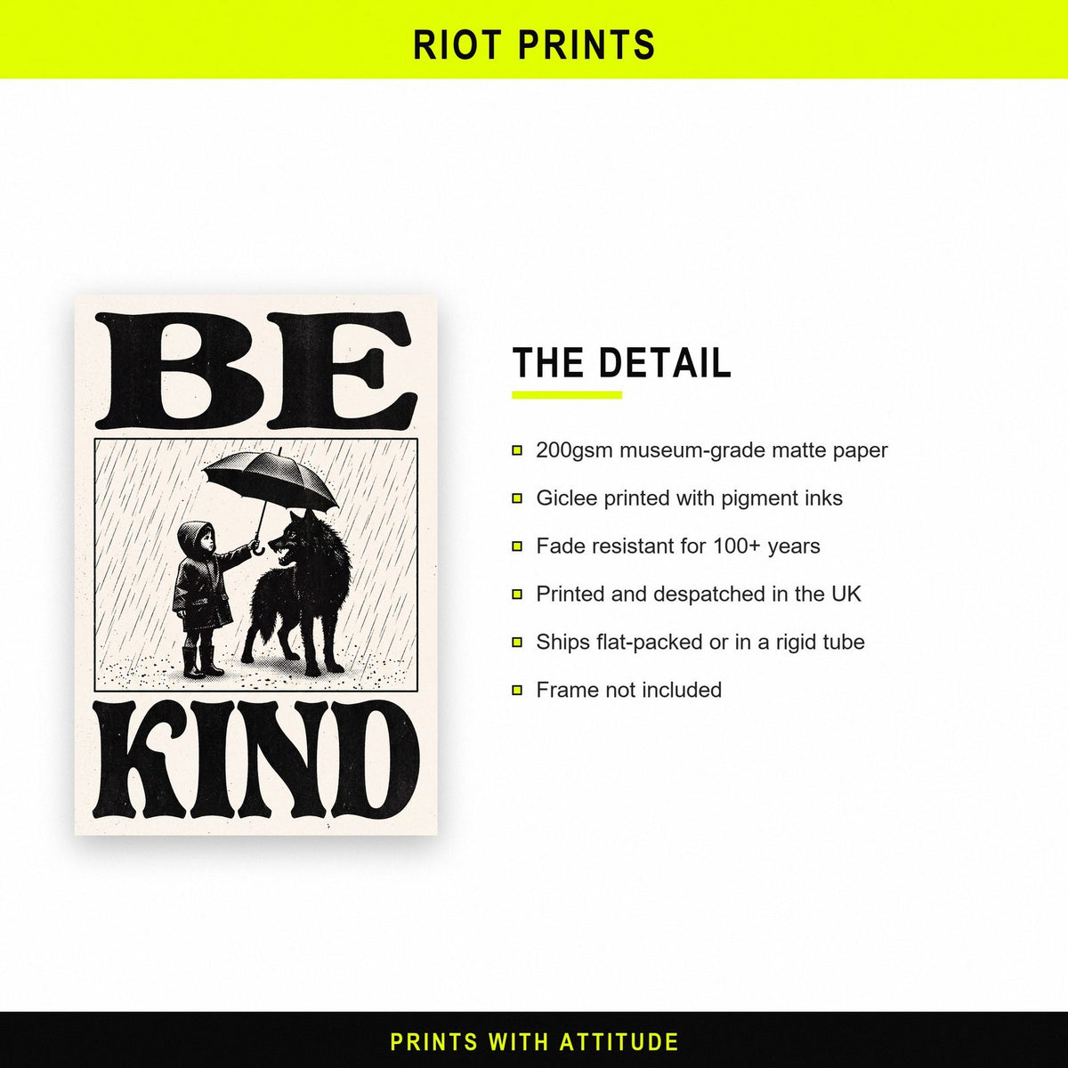 Be Kind Woodcut Typography Art Print
