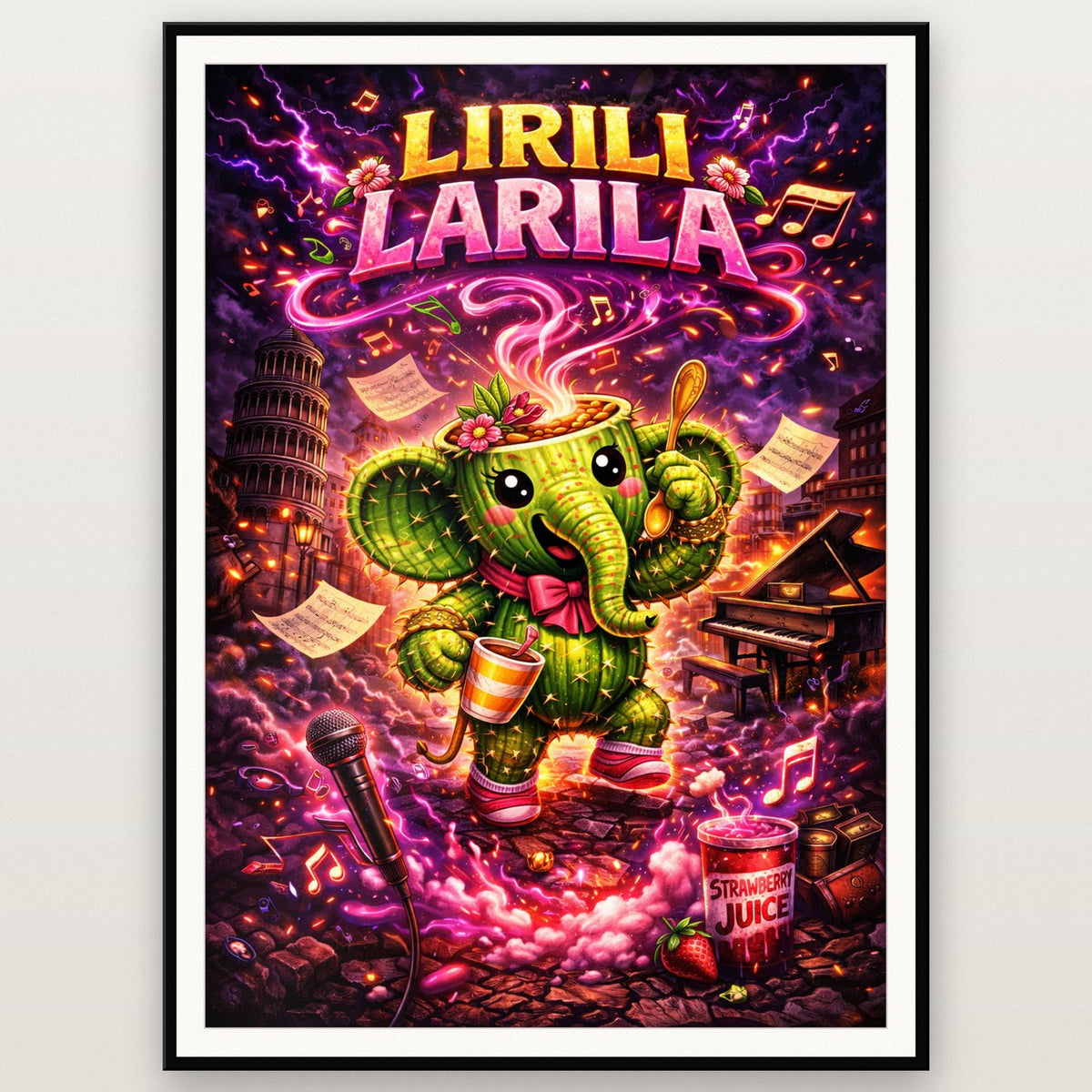 Lirili Larila Cactus Elephant Meme Poster shown in a black frame