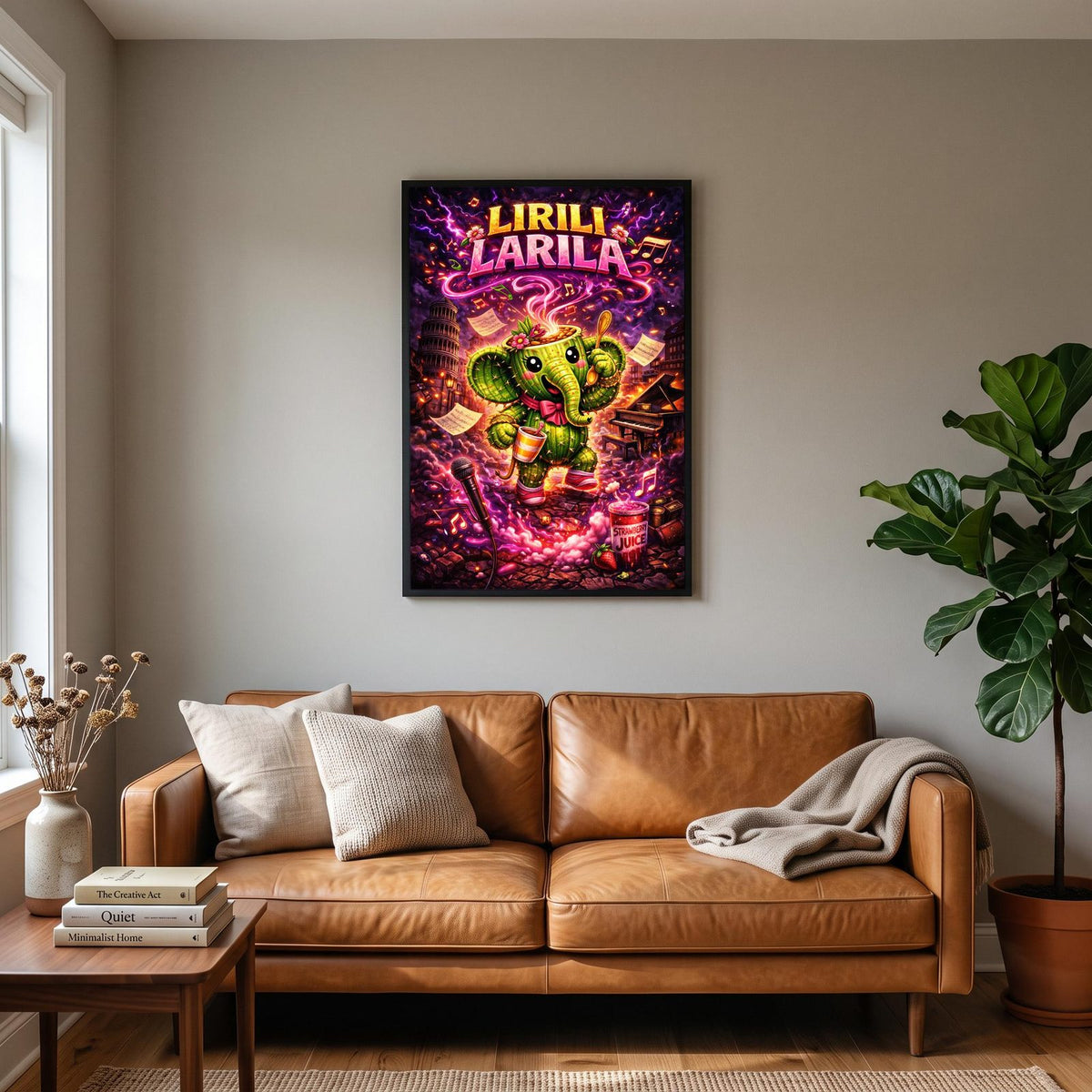 Lirili Larila Cactus Elephant Meme Poster hanging on a living room wall