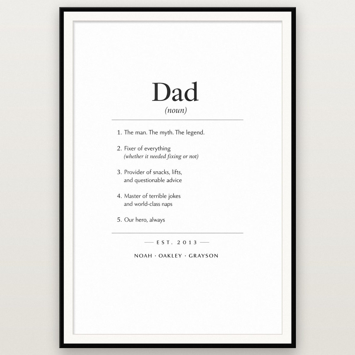 Personalised Dad Definition Print shown in a black frame