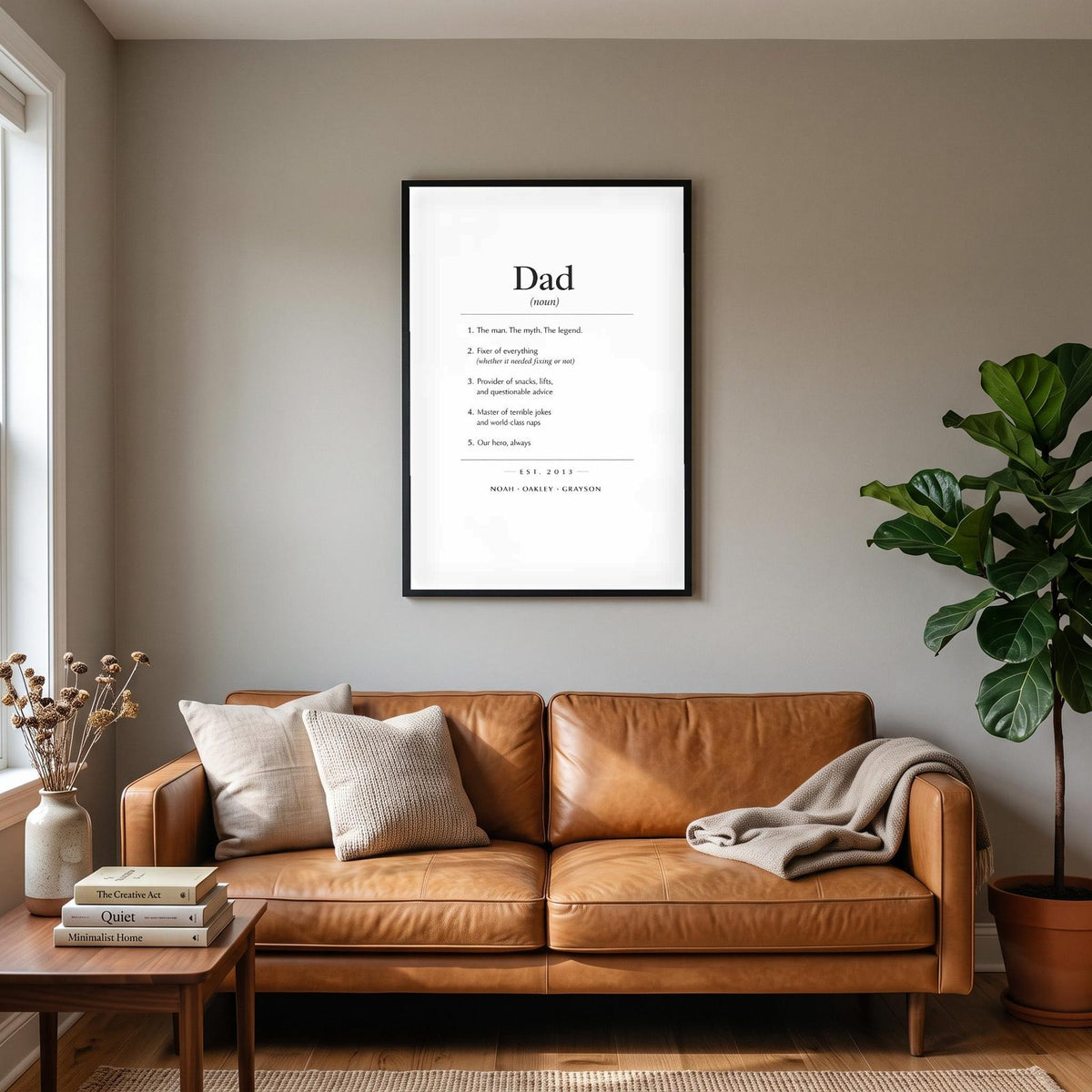 Personalised Dad Definition Print hanging on a living room wall