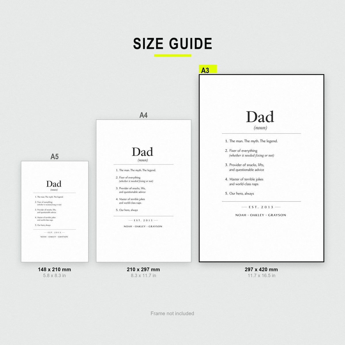 Personalised Dad Definition Print size guide showing A3, A4 and A5
