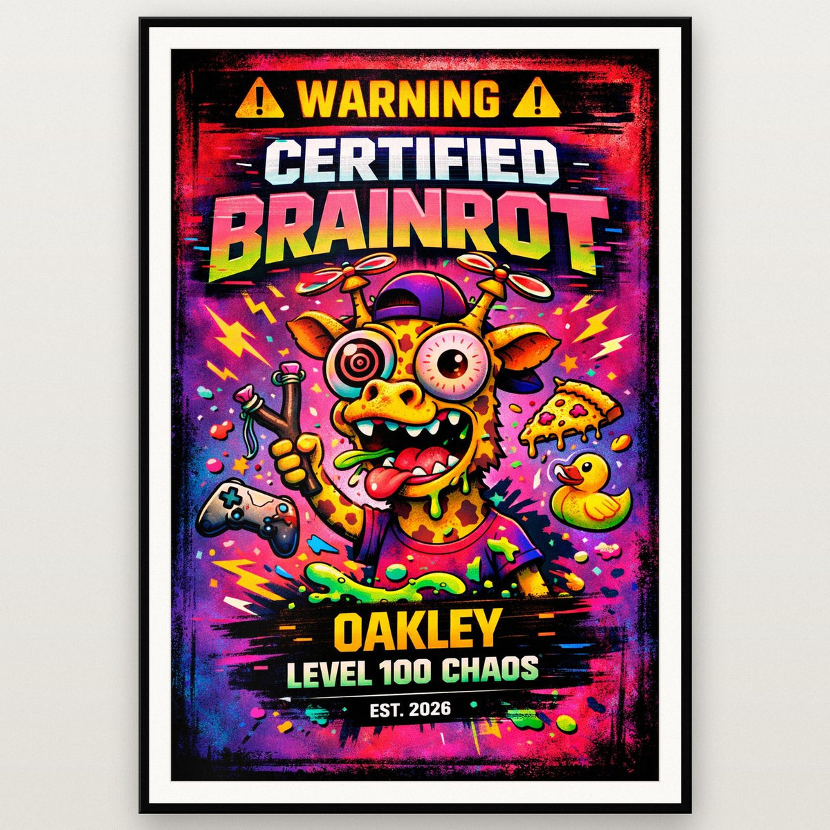 Personalised Chaos Monster Print shown in a black frame