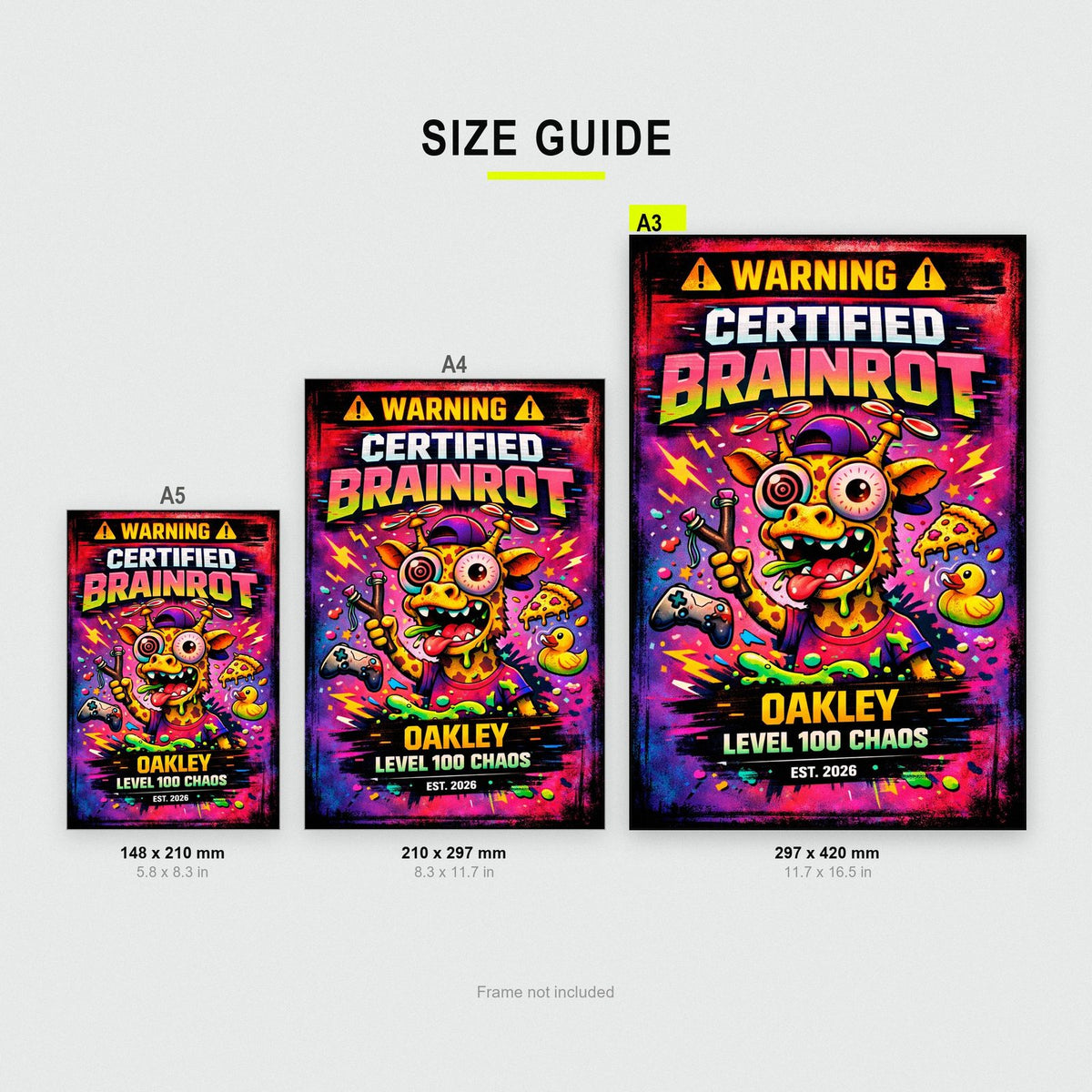 Personalised Chaos Monster Print size guide showing A3, A4 and A5