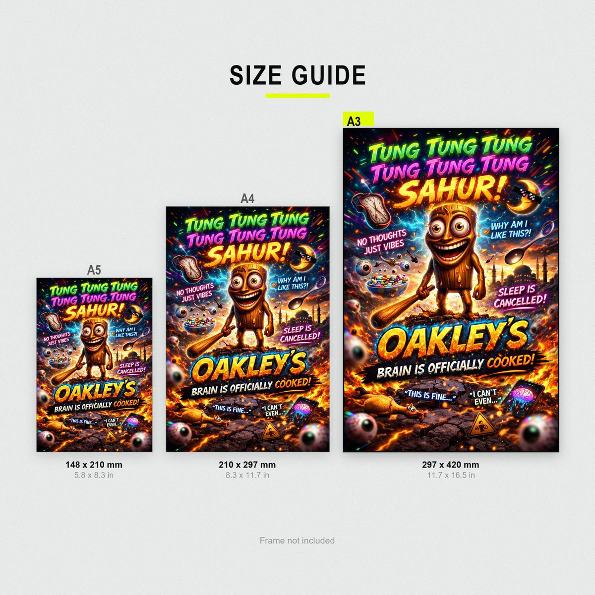 Personalised Brain Rot Poster size guide showing A3, A4 and A5