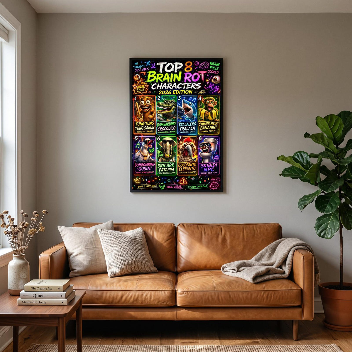 Top 8 Brain Rot Characters Poster hanging on a living room wall