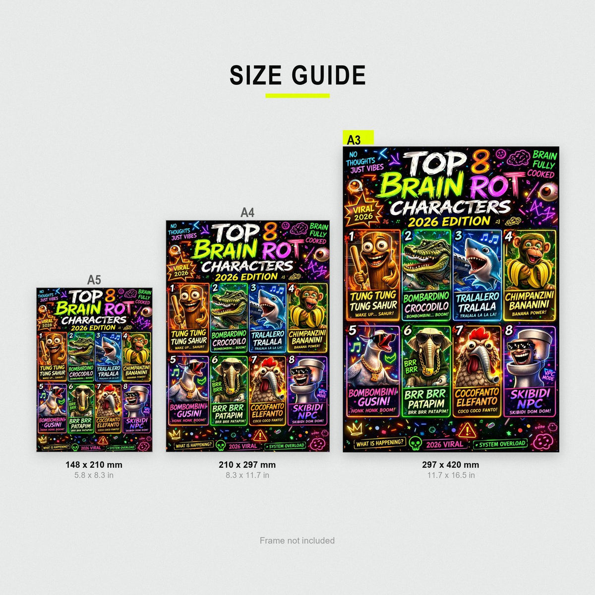 Top 8 Brain Rot Characters Poster size guide showing A3, A4 and A5