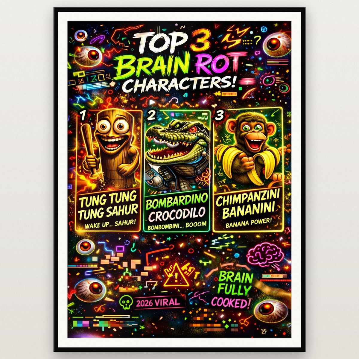 Top 3 Brain Rot Characters Poster shown in a black frame